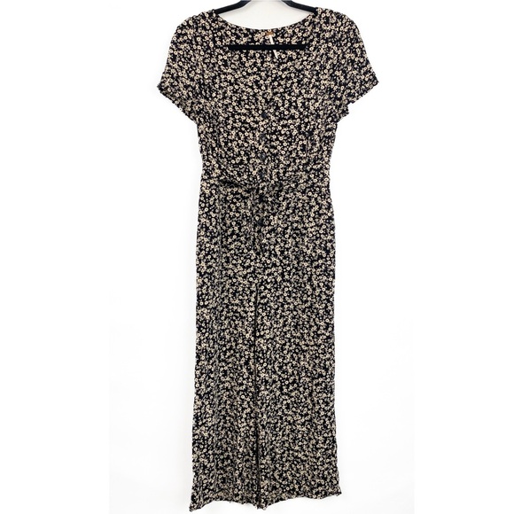 Free People Ditsy Floral‎ Print Wide Leg Jumpsuit Black Cream Fairy Grunge - 2
